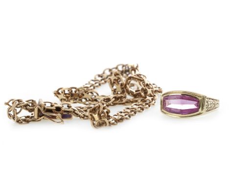 GOLD CHAIN NECKLACE marked 375; along with a pink gem set ring, marked 10K, 14.8g gross (2)