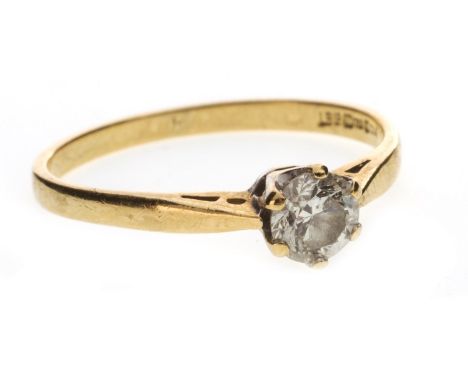 DIAMOND SOLITAIRE RING, set with a single six claw mounted round brilliant cut diamond, in eighteen carat gold, size L, 1.7g