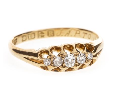 VICTORIAN DIAMOND FIVE STONE RING, the boat shaped setting with graduated old cut diamonds, in eighteen carat gold, with full