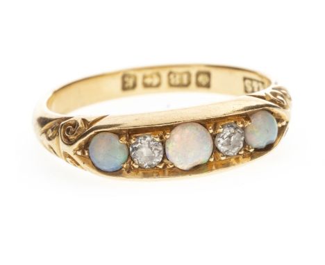 OPAL AND DIAMOND RING, the boat shaped bezel set with three graduated round opals, interspaced by two round old cut diamonds,