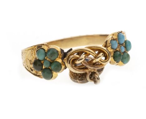 VICTORIAN TURQUOISE SET SWEETHEART RING, with a central three dimensional knot motif flanked by floral motifs set with caboch