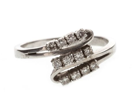 DIAMOND DRESS RING, set with three rows of four round brilliant cut diamonds in a twist setting, marked 14K, size M, 3.6g