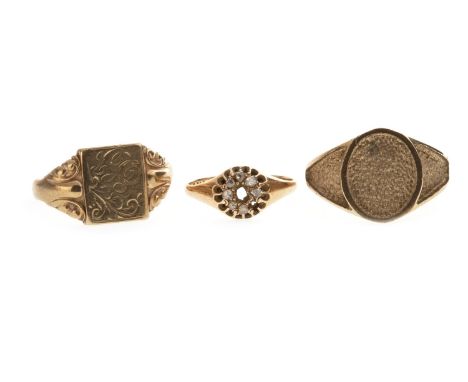 DIAMOND CLUSTER RING, early twentieth century, marked 15, 1.9g; along with two gentleman's nine carat gold signet rings, 12.9