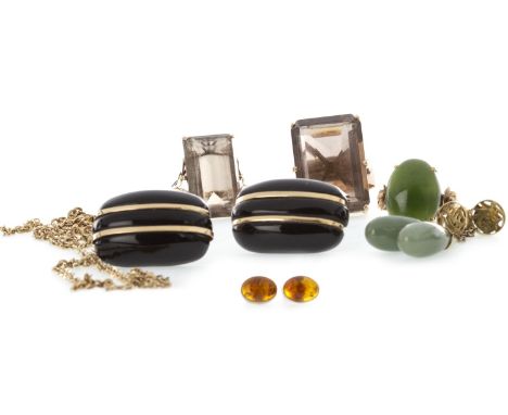 TWO GEM SET RINGS, one set in nine carat gold, size S, 13.7g, the other marked K14, size R, 5.7g; along with a pair of earrin