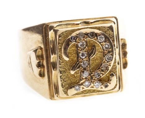 GENTLEMAN'S RING, the rectangular bezel with a diamond set D, on a broad tapered band, unmarked, size Y, 13.5g