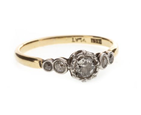 DIAMOND RING, mid twentieth century, set with a central round brilliant cut diamond of approximately 0.28 carats, on diamond 