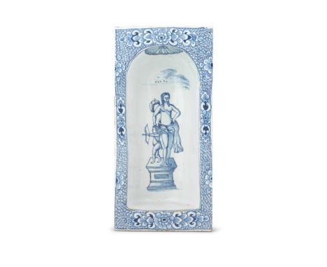 A rare English delftware candle recess, circa 1750-60Bristol or possibly Liverpool, of upright rectangular shape, the deep ar