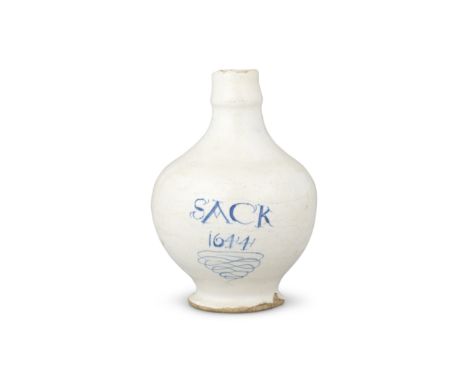 A London delftware wine bottle, dated 1644Probably Southwark, of small size, the globular body raised on a small, spreading f