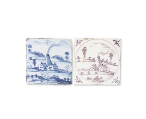 Two rare English delftware tiles, circa 1740-70Both with the same scene of a smoking bottle kiln before two houses in a tree-
