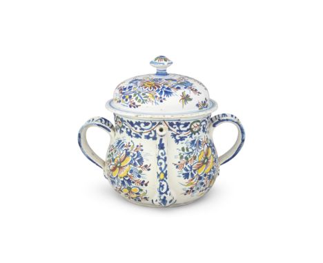 An English delftware posset pot and cover, circa 1720-30Bristol or London, of large size, the bellied form applied with broad