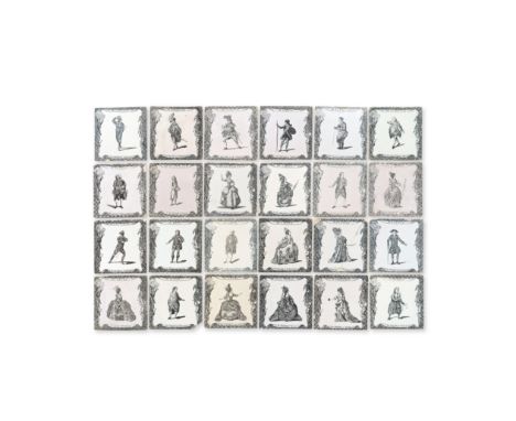 Twenty-four Liverpool delftware theatrical tiles, circa 1777-80Finely printed in black by Guy Green with a host of actors and