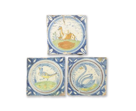Three early London delftware paving tiles, circa 1590-1620Comprising a pair, perhaps from Aldgate Pothouse, painted in polych
