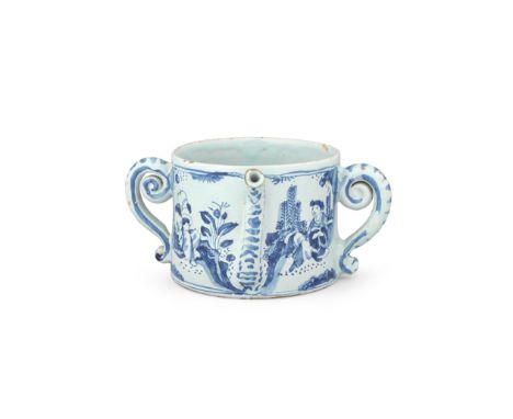 An English delftware posset pot, circa 1680-90London or Brislington, the cylindrical body applied with twin scrolled handles 