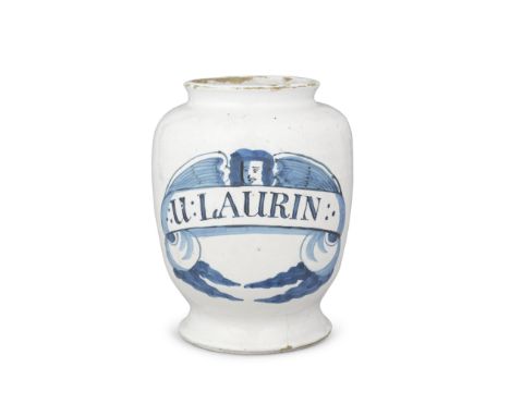 A London delftware drug jar, circa 1680-90Of ovoid shape, painted in blue with a 'ribbon label panel' inscribed 'U:LAURIN' su