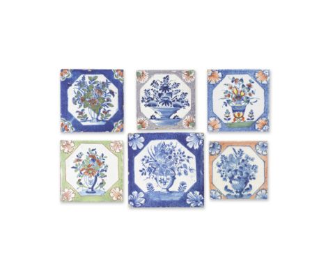 Six rare English delftware Flower Vase tiles, circa 1725-50One London tile of unusually large size, entirely in blue with car