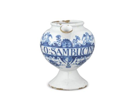 A London delftware apothecary syrup jar, circa 1720-40Of globular form on a spreading foot, the broad strap handle with a scr