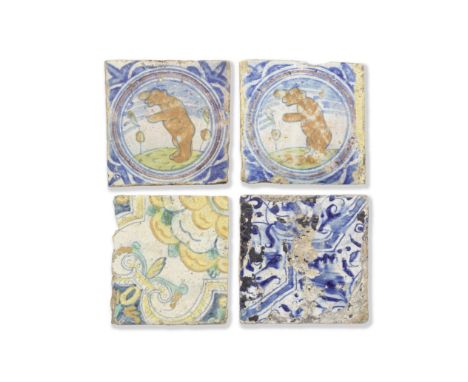 Four early English delftware paving tiles, end 16th or early 17th centuryA pair of London tiles, possibly Aldgate Pothouse, p