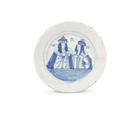 A London delftware Royal portrait plate, circa 1690The centre painted in blue with crowned half-length portraits of King Will
