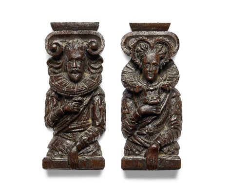 A rare pair of Elizabethan architectural relief carved oak three-quarter portrait bust termsLate 16th centuryOf a lady and ge
