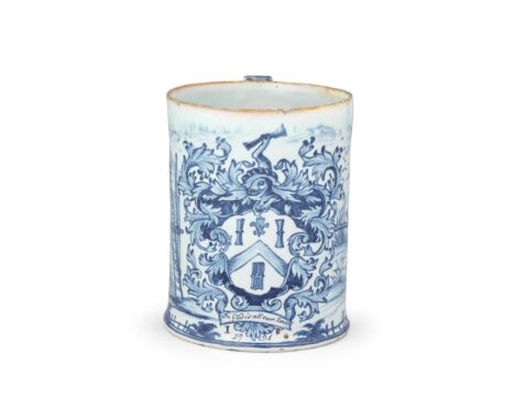 An important English delftware glass-bottomed tankard, dated 1791Probably Lambeth, of cylindrical form, the flared base accom