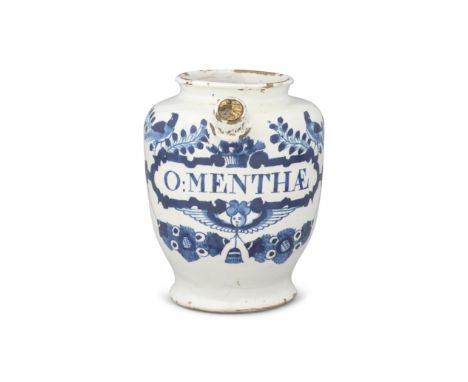 A London delftware syrup jar, circa 1700-20Of ovoid shape, painted in blue with a strapwork label inscribed with 'O:MENTHÆ' s