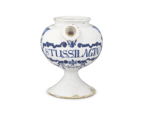 A London delftware apothecary syrup jar, dated 1690The globular body raised on a spreading foot, applied with a strap handle 