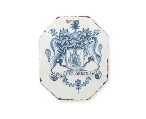 A London delftware pill slab, circa 1785Probably Mortlake, of octagonal shape, painted in blue with the full arms of the Wors