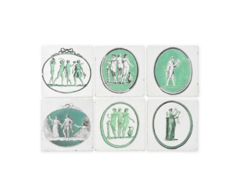 Six Liverpool delftware tiles, circa 1770-80Printed by Guy Green in black and washed over in various tones of green enamel, t