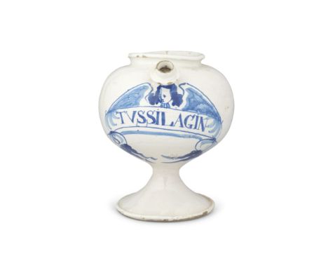 A London delftware apothecary syrup jar, circa 1680-90The generous globular body raised on a spreading foot, the strap handle