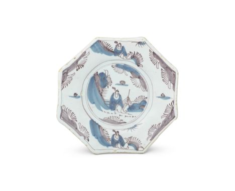 A London delftware octagonal plate, circa 1680Thickly potted with a moulded underside, painted in manganese with blue washes,