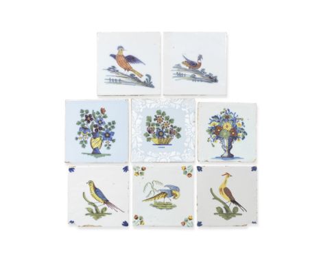 Eight English delftware polychrome tiles, circa 1750-75Including examples in the 'Fazackerley' manner, comprising a Bristol t