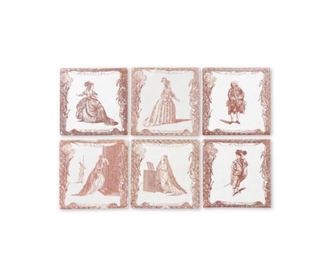 Six Liverpool delftware theatrical tiles, circa 1777-1780Finely printed in red by Guy Green with various actors, the diaper b