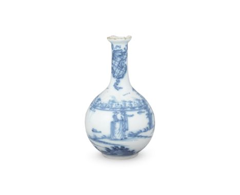 An English delftware water bottle or guglet, circa 1760Probably Bristol, the globular body painted in blue with European figu