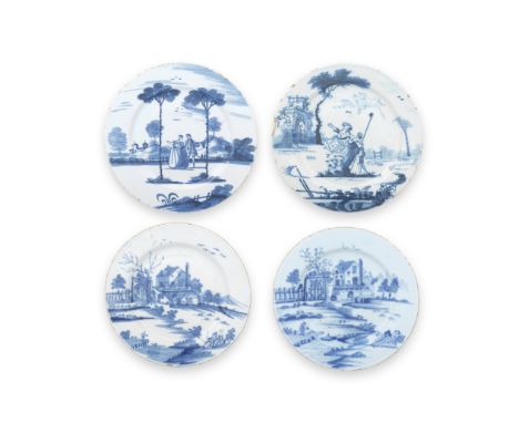 Four interesting English delftware plates, circa 1750-70Fully painted in blue European landscapes, one with a shepherd conver