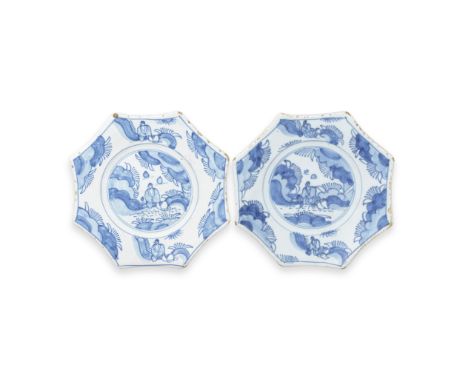 A pair of English delftware octagonal plates, circa 1680Probably London, thickly moulded with slightly concave edges, both pa