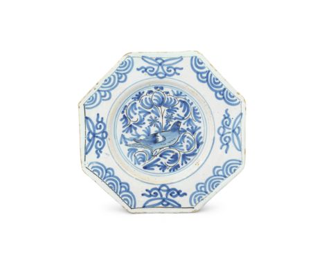 An English delftware octagonal plate, circa 1680London or Brislington, painted in blue outlined in black with a bird perched 