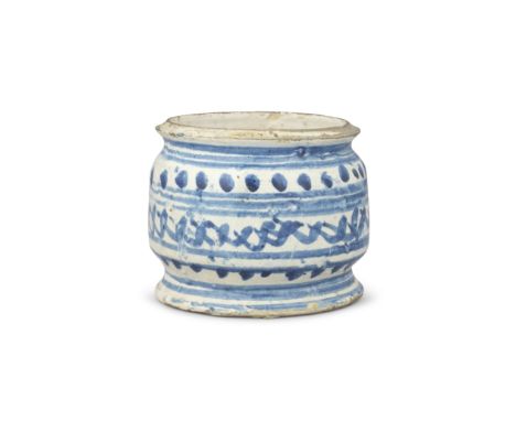 An English delftware apothecary storage jar or albarello, mid-17th centuryOf cylindrical form with gently splayed base and ev