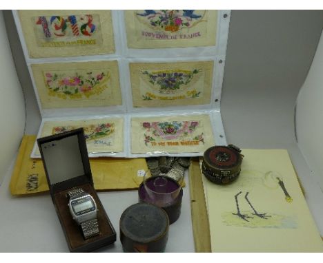 A WWII compass, Belltime LCD wristwatch, WWI needlework postcards, sixpences, measure and prints of Birds of Britain