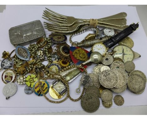 Assorted items including a pewter snuff box, plated forks, mixed coins, badges, Acme whistle, watches, etc.