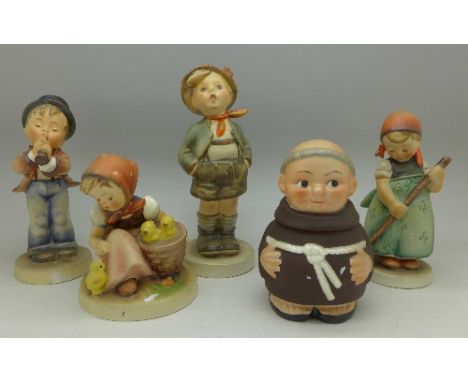 Four Hummel figures and a monk preserve