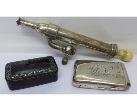 A 19th Century snuff box, a cigarette case with initials and a 19th Century medical instrument with an ivory handle, Savigny 