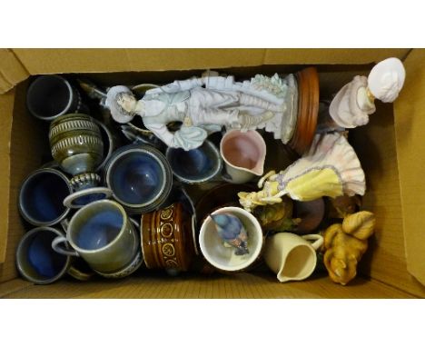 A box of Shamrock and Ulster pottery, Leonardo figures, a Royal Worcester Bluebird, a/f