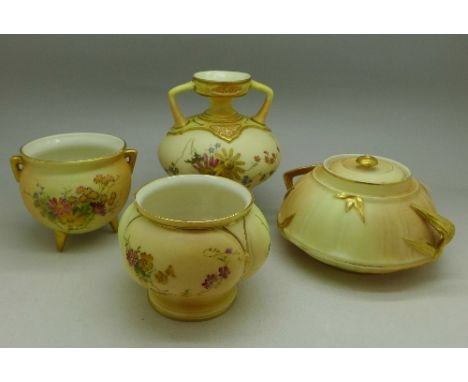 Four items of Royal Worcester, lid a/f and one foot of cauldron pot a/f