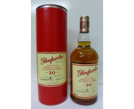 A bottle of Glenfarclas 10 Years Old single malt Scotch whisky, boxed