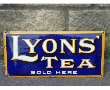 A Lyon's Tea Sold Here rectangular enamel sign by Bruton of Palmer's Green, with good gloss, 19 1/4 x 9 1/2".