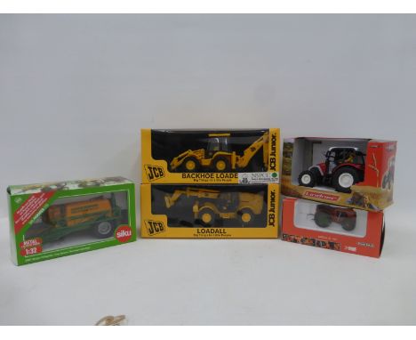 A New Ray JCB backhoe loader junior and a loadall junior, both boxed; also a boxed Siku Amazone crop sprayer, a Lindner tract