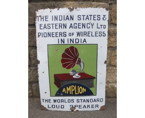 An Indian States & Eastern Agency Ltd "Pioneers of Wireless" in India pictorial enamel sign, 19 3/4 x 30".