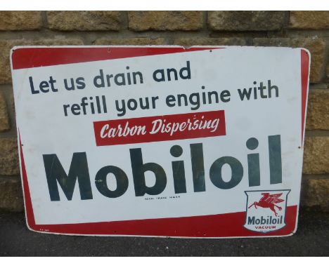A Mobiloil rectangular enamel sign - "Let us drain and refill your engine with carbon dispensing", 36 x 24".