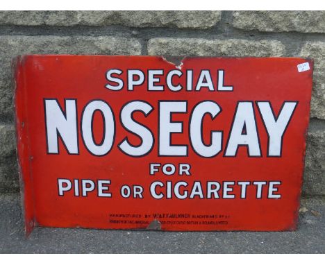 A Nosegay "for pipe of cigarette" double sided rectangular enamel sign with hanging flange, to one side red in colour, the ot