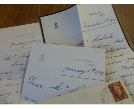 A collection of three handwritten letters by Mary, Princess Royal and Countess of Harewood, daughter of George V and Queen Ma